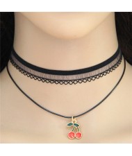 Cherry Pendant Two Layers Lace Choker Fashion Necklace