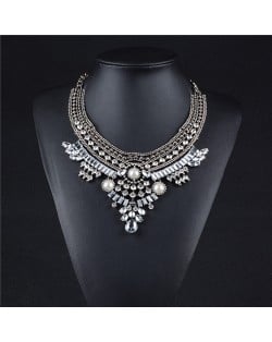 Gems Embellished Multi-layer Chunky High Fashion Women Statement Necklace - Silver