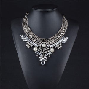 Gems Embellished Multi-layer Chunky High Fashion Women Statement Necklace - Silver