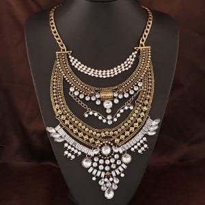Gems Embellished Multi-layer Chunky High Fashion Women Statement Necklace - Copper