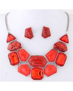 Irregular Shape Gems Combo High Fashion Costume Necklace and Earrings Set - Red