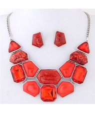 Irregular Shape Gems Combo High Fashion Costume Necklace and Earrings Set - Red