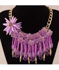 Bright-colored Flowers and Beads Tassel Design Fashion Statement Necklace - Purple