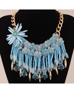 Bright-colored Flowers and Beads Tassel Design Fashion Statement Necklace - Blue