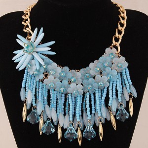 Bright-colored Flowers and Beads Tassel Design Fashion Statement Necklace - Blue