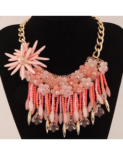 Bright-colored Flowers and Beads Tassel Design Fashion Statement Necklace - Pink