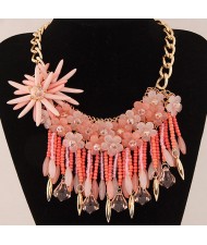 Bright-colored Flowers and Beads Tassel Design Fashion Statement Necklace - Pink