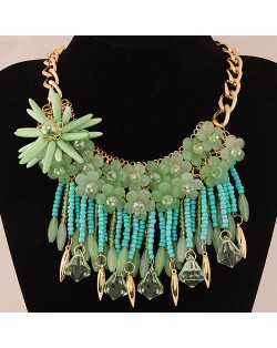 Bright-colored Flowers and Beads Tassel Design Fashion Statement Necklace - Green