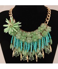 Bright-colored Flowers and Beads Tassel Design Fashion Statement Necklace - Green