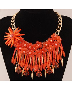 Bright-colored Flowers and Beads Tassel Design Fashion Statement Necklace - Orange