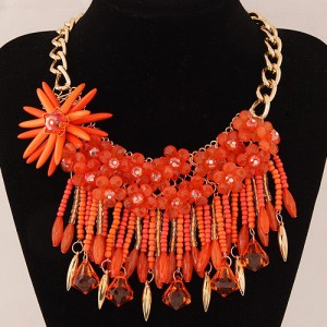 Bright-colored Flowers and Beads Tassel Design Fashion Statement Necklace - Orange
