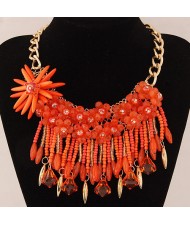 Bright-colored Flowers and Beads Tassel Design Fashion Statement Necklace - Orange