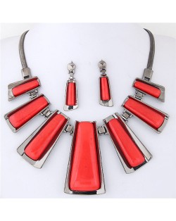 Resin Gem Inlaid Modern Bars Design High Fashion Necklace and Earrings Set - Red