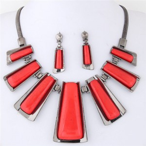 Resin Gem Inlaid Modern Bars Design High Fashion Necklace and Earrings Set - Red
