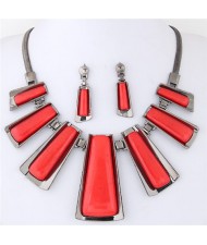 Resin Gem Inlaid Modern Bars Design High Fashion Necklace and Earrings Set - Red