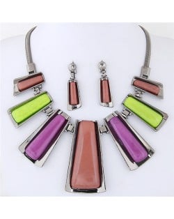 Resin Gem Inlaid Modern Bars Design High Fashion Necklace and Earrings Set - Multicolor
