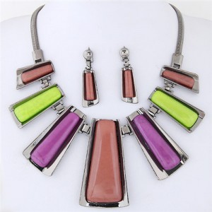 Resin Gem Inlaid Modern Bars Design High Fashion Necklace and Earrings Set - Multicolor