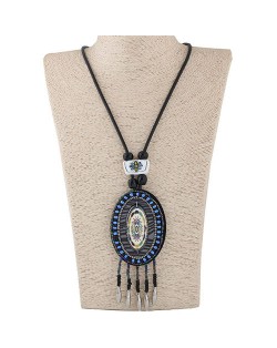 Vintage Floral Pattern Prints Beads Round Pendant and Tassel Design Bohemian Fashion Rope Necklace
