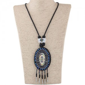 Vintage Floral Pattern Prints Beads Round Pendant and Tassel Design Bohemian Fashion Rope Necklace