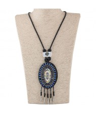Vintage Floral Pattern Prints Beads Round Pendant and Tassel Design Bohemian Fashion Rope Necklace