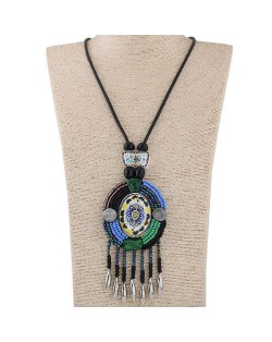 Vintage Flower Prints Beads Round Pendant with Tassel Design Bohemian Fashion Rope Necklace