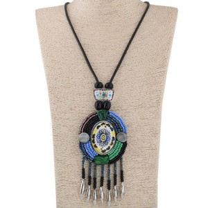 Vintage Flower Prints Beads Round Pendant with Tassel Design Bohemian Fashion Rope Necklace