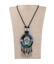 Vintage Flower Prints Beads Round Pendant with Tassel Design Bohemian Fashion Rope Necklace