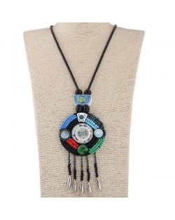Floral Prints and Mini Beads Combined Round Pendant Tassel Fashion Women Costume Necklace