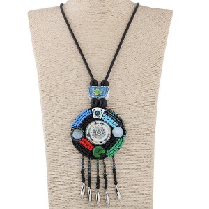 Floral Prints and Mini Beads Combined Round Pendant Tassel Fashion Women Costume Necklace