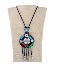 Floral Prints and Mini Beads Combined Round Pendant Tassel Fashion Women Costume Necklace
