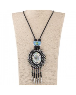 Bohemian Fashion Vintage Floral Oval Pendant with Beads Tassel Rope Necklace