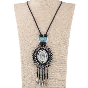 Bohemian Fashion Vintage Floral Oval Pendant with Beads Tassel Rope Necklace