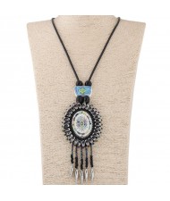 Bohemian Fashion Vintage Floral Oval Pendant with Beads Tassel Rope Necklace