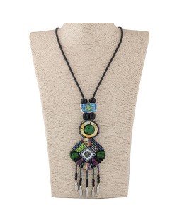 Cold Tone Color Beads Mingled Round and Square Pendants with Tassel Design Rope Costume Necklace