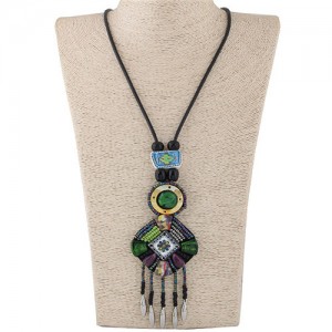 Cold Tone Color Beads Mingled Round and Square Pendants with Tassel Design Rope Costume Necklace