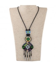 Cold Tone Color Beads Mingled Round and Square Pendants with Tassel Design Rope Costume Necklace