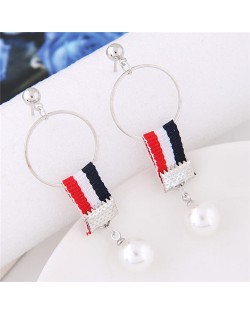 Colorful Cloth Linked Pearl Pendant Hoop Fashion Earrings - Pattern 1