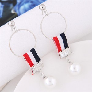 Colorful Cloth Linked Pearl Pendant Hoop Fashion Earrings - Pattern 1