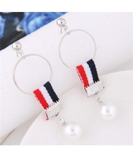 Colorful Cloth Linked Pearl Pendant Hoop Fashion Earrings - Pattern 1