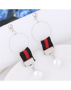 Colorful Cloth Linked Pearl Pendant Hoop Fashion Earrings - Pattern 2
