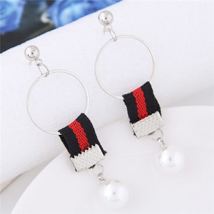 Colorful Cloth Linked Pearl Pendant Hoop Fashion Earrings - Pattern 2