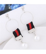 Colorful Cloth Linked Pearl Pendant Hoop Fashion Earrings - Pattern 2