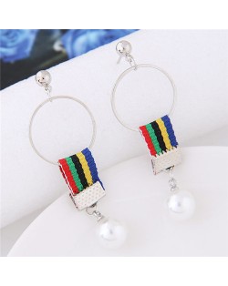 Colorful Cloth Linked Pearl Pendant Hoop Fashion Earrings - Pattern 3