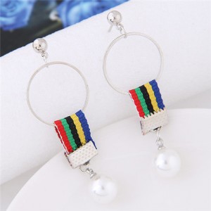 Colorful Cloth Linked Pearl Pendant Hoop Fashion Earrings - Pattern 3