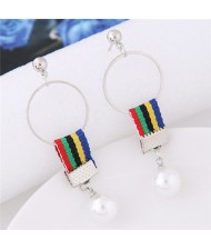 Colorful Cloth Linked Pearl Pendant Hoop Fashion Earrings - Pattern 3