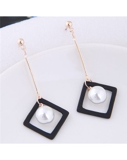 Pearl Inlaid Black Square Pendant Fashion Stud Earrings