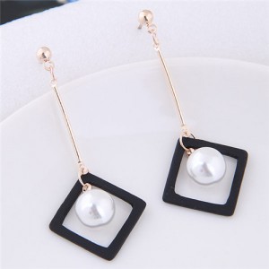 Pearl Inlaid Black Square Pendant Fashion Stud Earrings