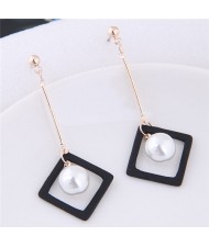 Pearl Inlaid Black Square Pendant Fashion Stud Earrings