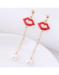 Lips with Dangling Pearl Design High Fashion Earrings
