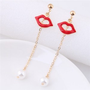 Lips with Dangling Pearl Design High Fashion Earrings